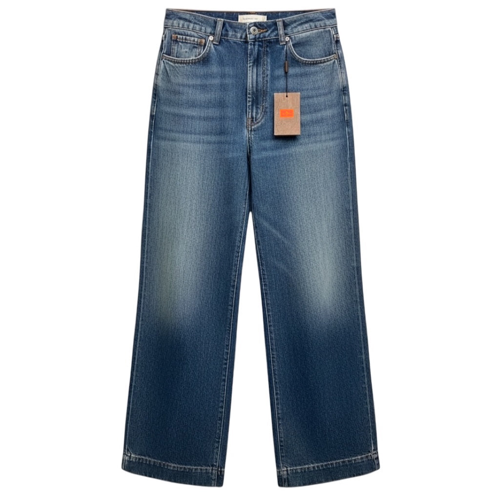 Etro Dark Blue Wash Five Pocket Wide Leg Embroidered Pocket Cotton Jeans