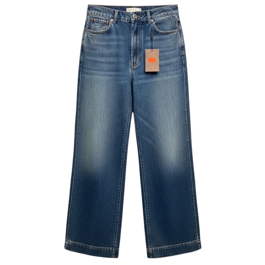 Etro Dark Blue Wash Five Pocket Wide Leg Embroidered Pocket Cotton Jeans