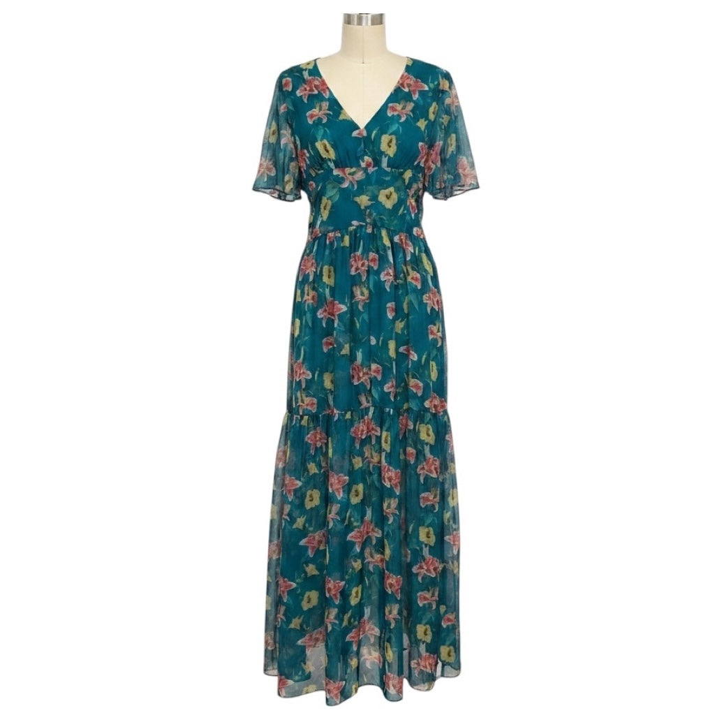 Eywasouls Malibu Green Flower Dream Maria Chiffon Maxi Dress
