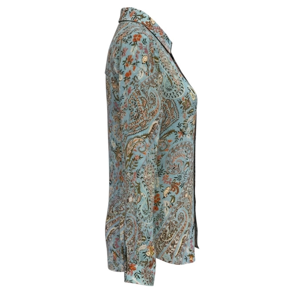 Etro Light Blue Multi Paisley Printed Button Front Linen Blouse
