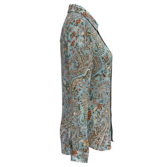 Etro Light Blue Multi Paisley Printed Button Front Linen Blouse