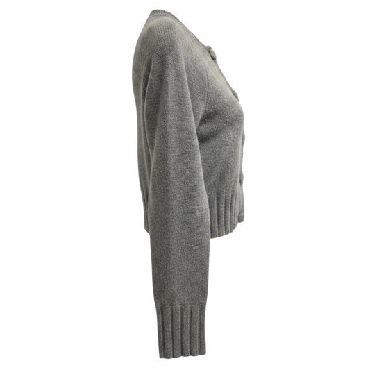 Erdem Grey Cropped Wool Knit Cardigan Sweater with Black Embroidery