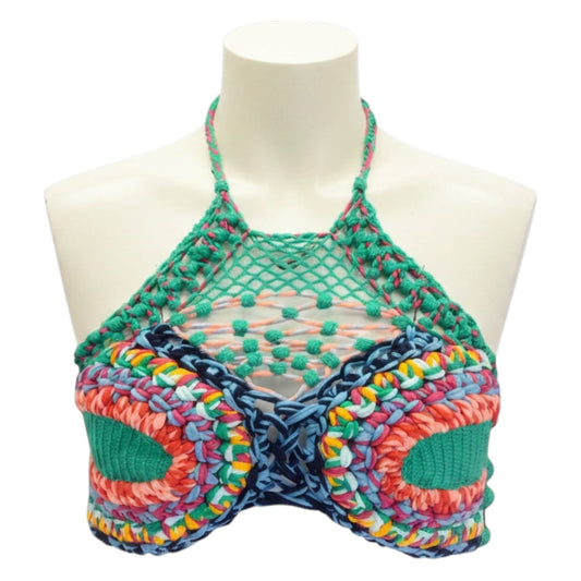 Etro Green Multicolor Maglia Loto Cropped Crochet Knit Top