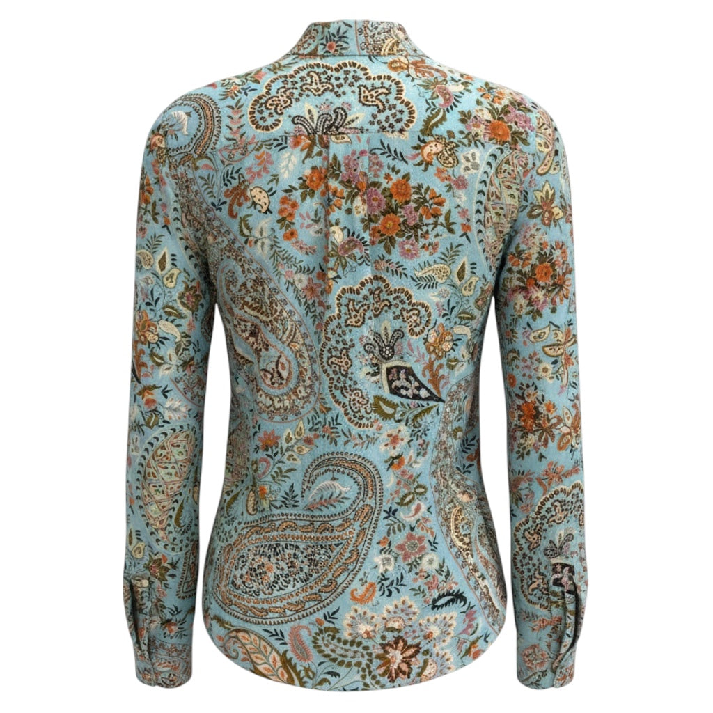 Etro Light Blue Multi Paisley Printed Button Front Linen Blouse