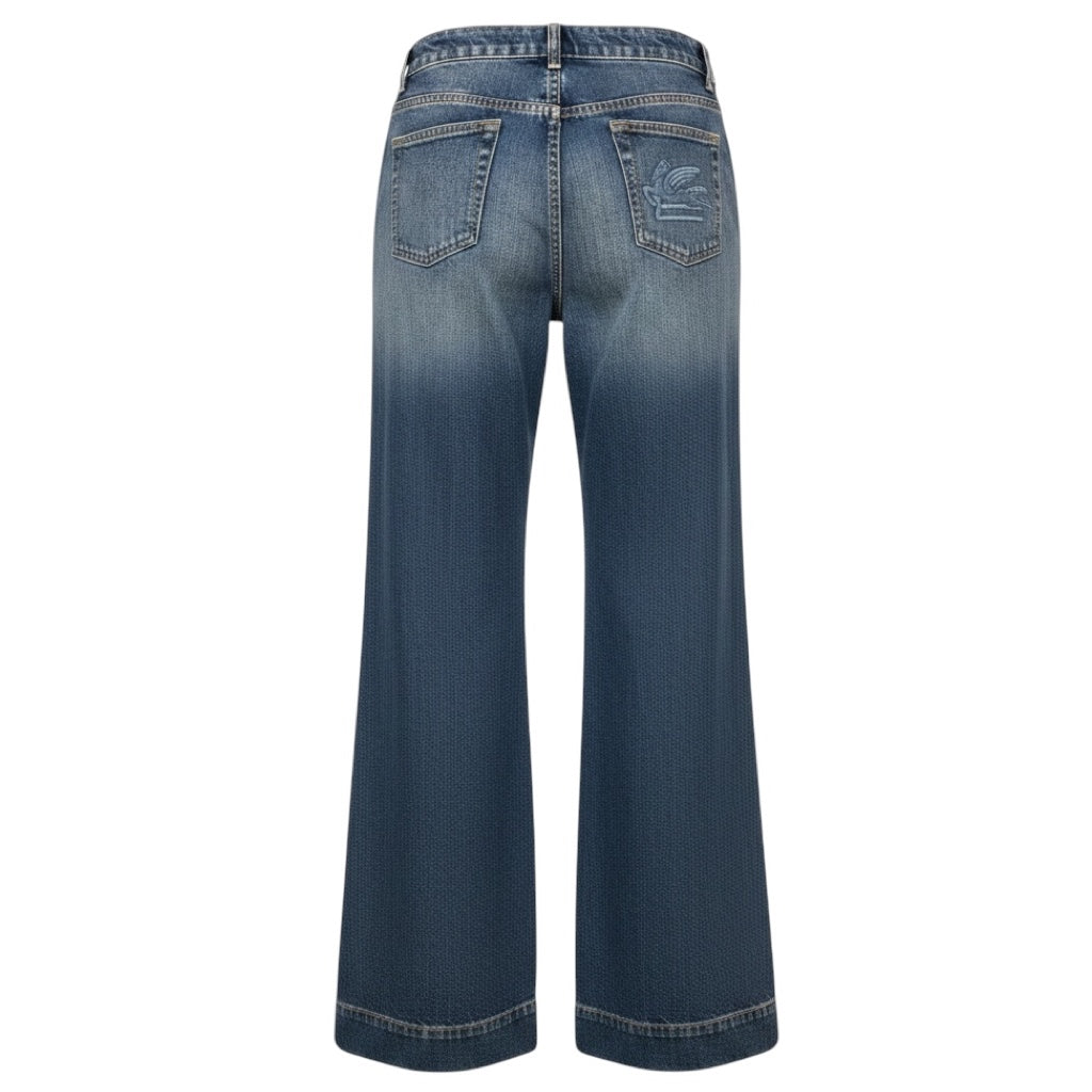 Etro Dark Blue Wash Five Pocket Wide Leg Embroidered Pocket Cotton Jeans