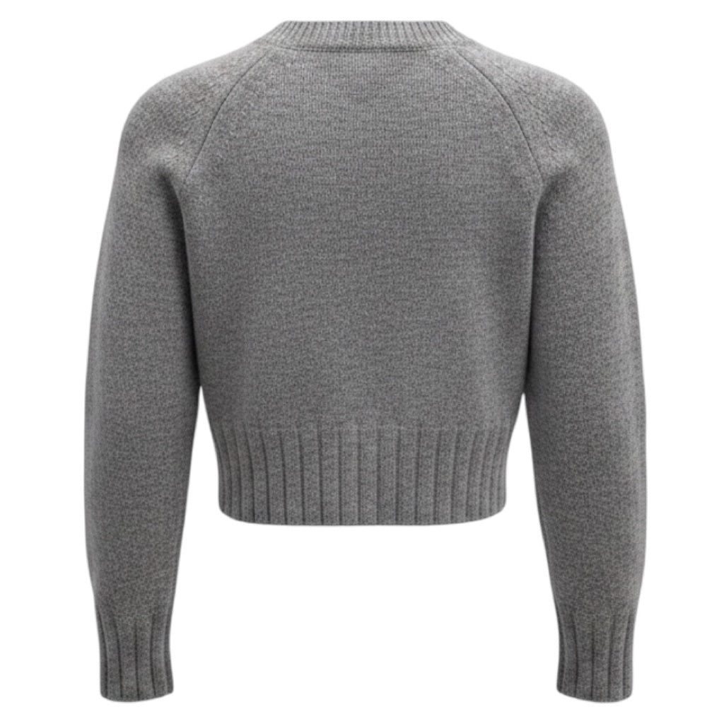 Erdem Grey Cropped Wool Knit Cardigan Sweater with Black Embroidery