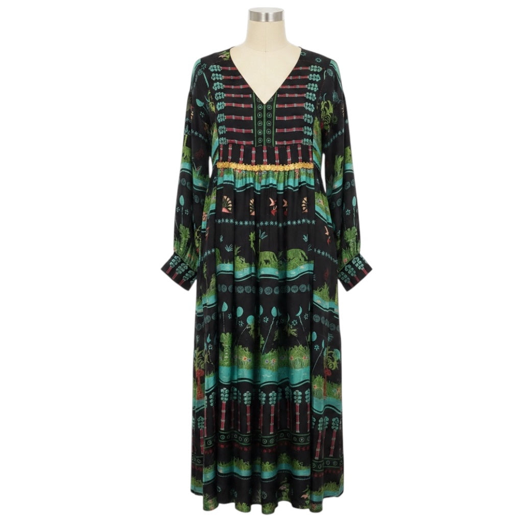 Le Sirenuse Positano Black Multi Printed Silk Dress with Gold Coin Embellishments