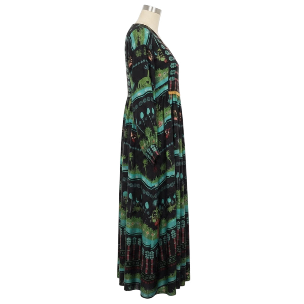 Le Sirenuse Positano Black Multi Printed Silk Dress with Gold Coin Embellishments