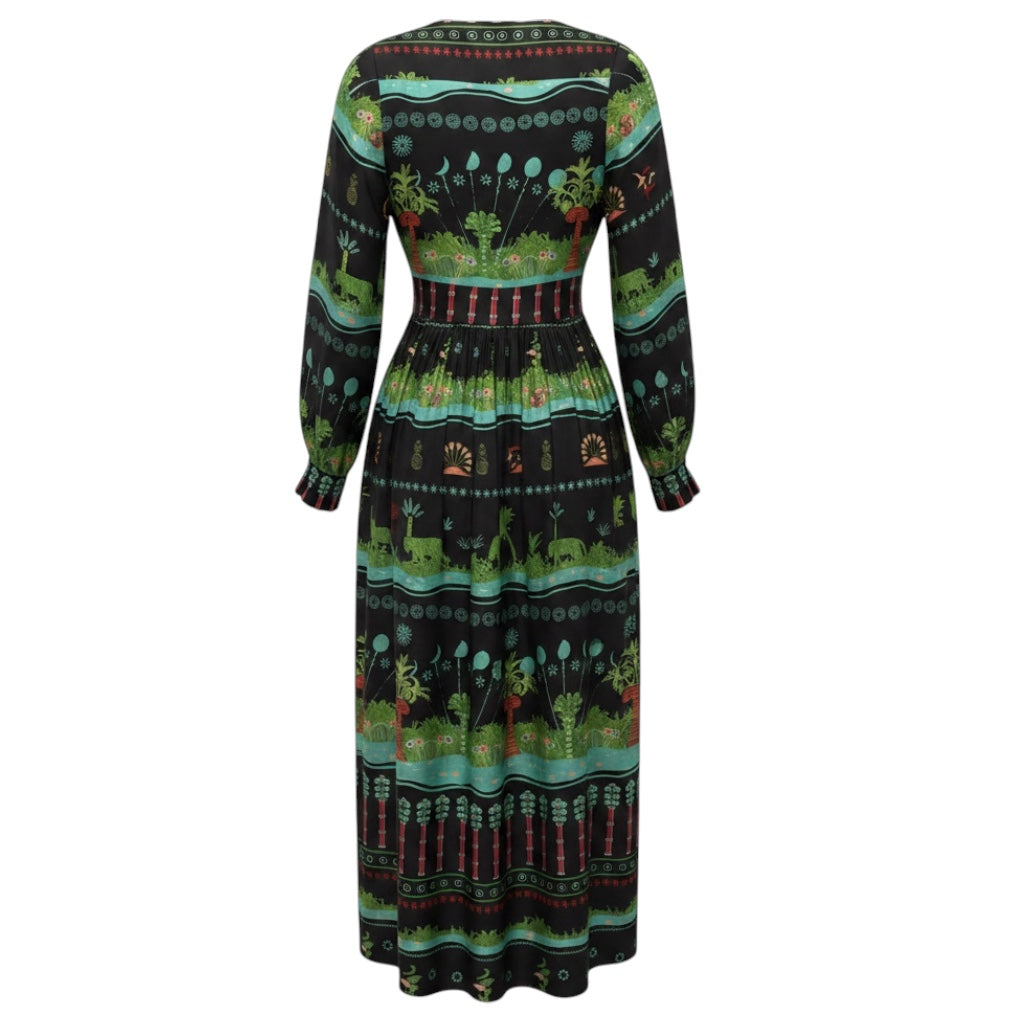 Le Sirenuse Positano Black Multi Printed Silk Dress with Gold Coin Embellishments