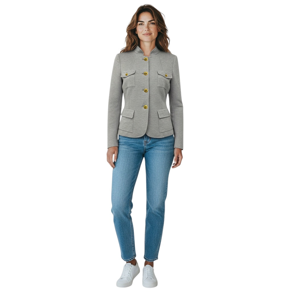 Escada Open Grey Bellis Stretch Jersey Jacket with Gold Logo Buttons