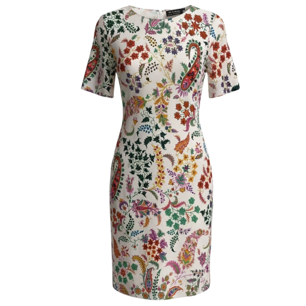 Etro White Multi Paisley Printed Short Sleeved Sheath Dress