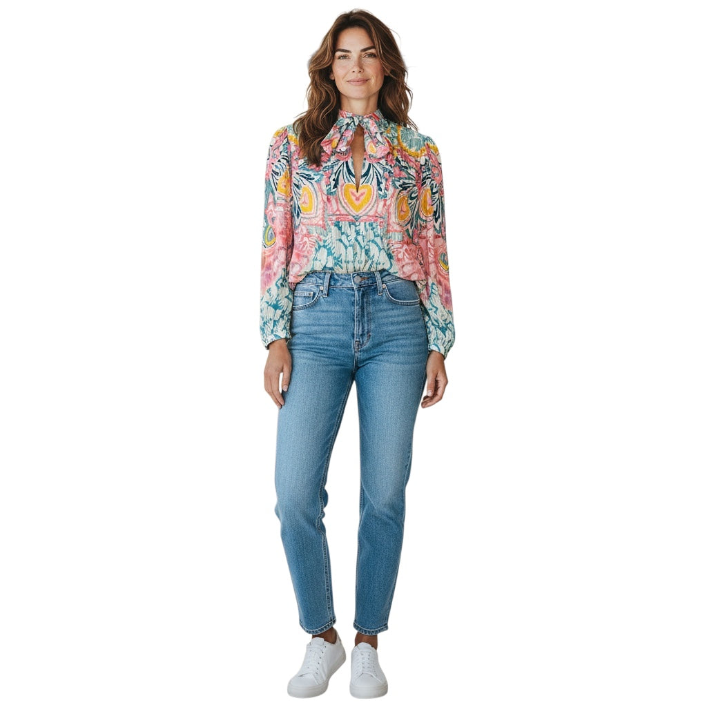 Etro Blue / Pink Multi Printed Tie Neck Blouse