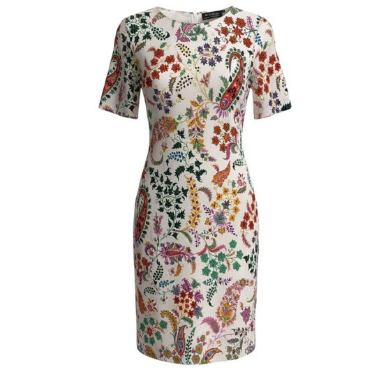 Etro White Multi Paisley Printed Short Sleeved Sheath Dress