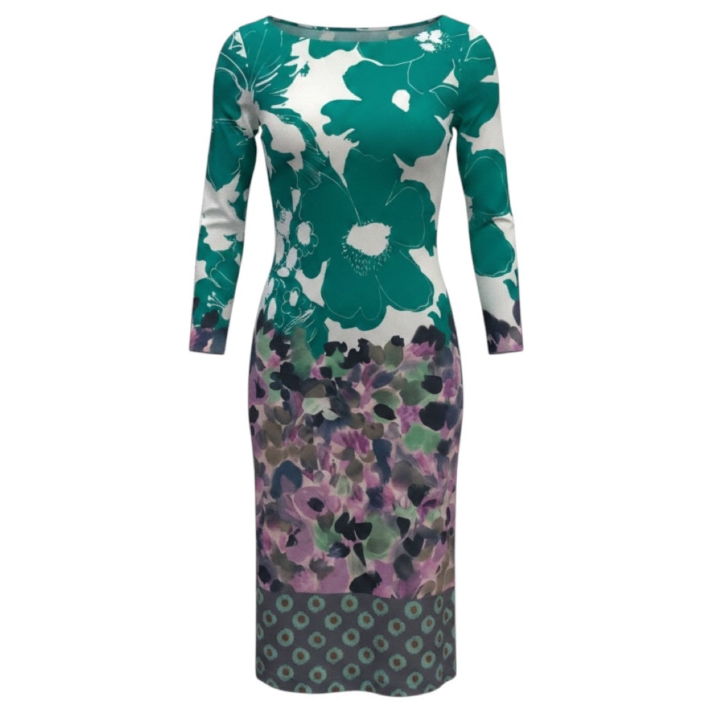 Etro Green / Purple Multi Floral Printed Long Sleeved Jersey Midi Dress