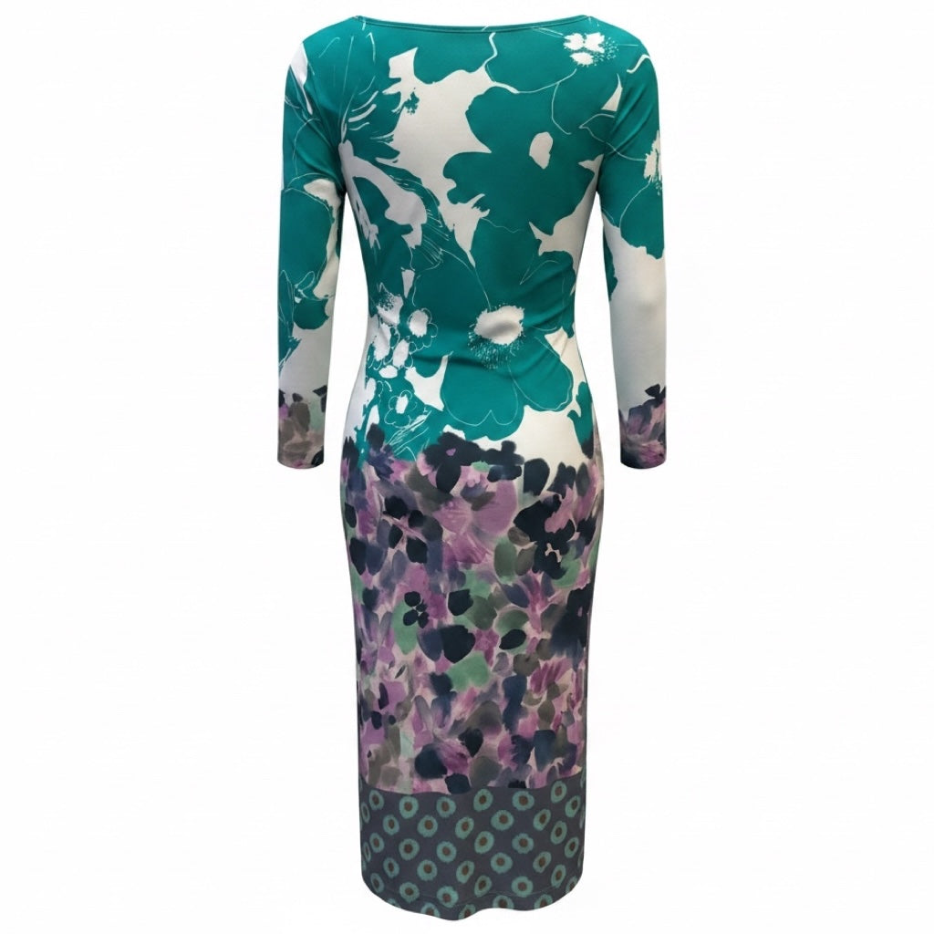 Etro Green / Purple Multi Floral Printed Long Sleeved Jersey Midi Dress