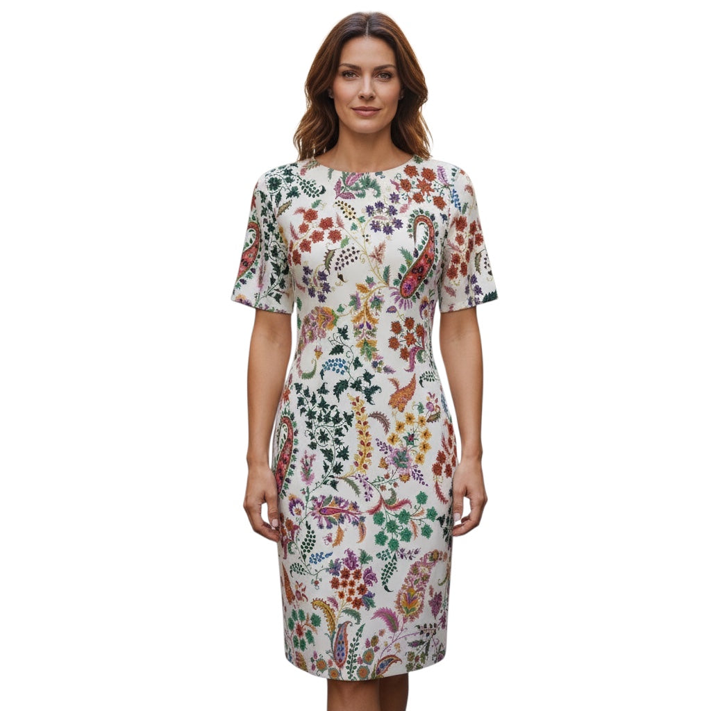 Etro White Multi Paisley Printed Short Sleeved Sheath Dress