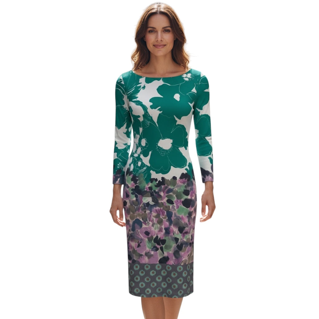Etro Green / Purple Multi Floral Printed Long Sleeved Jersey Midi Dress