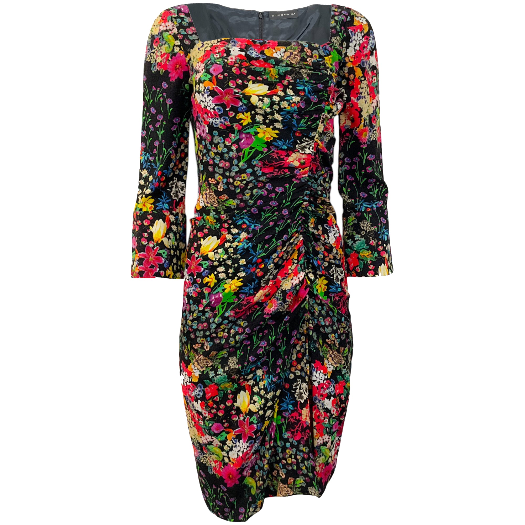 Etro Black Multi Floral Ruched Dress