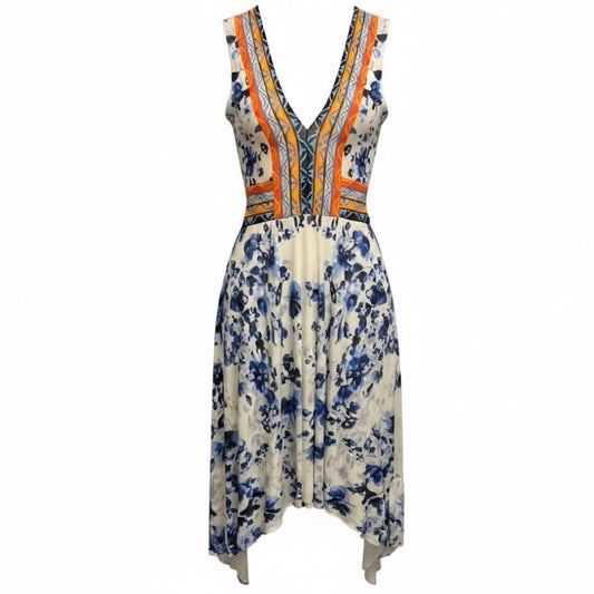 Fuzzi Cream / Blue / Orange Multi Floral Printed Sleeveless V-Neck Mesh Midi Dress