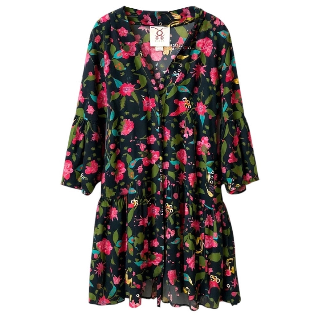 Figue Black / Pink Multi Floral Printed Silk Wrap Dress