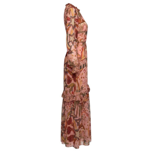 Farm Rio Blush Pink / Gold Metallic Print Chiffon Maxi Dress