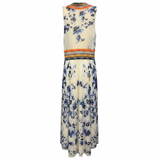 Fuzzi Cream / Blue / Orange Multi Floral Printed Sleeveless V-Neck Mesh Midi Dress