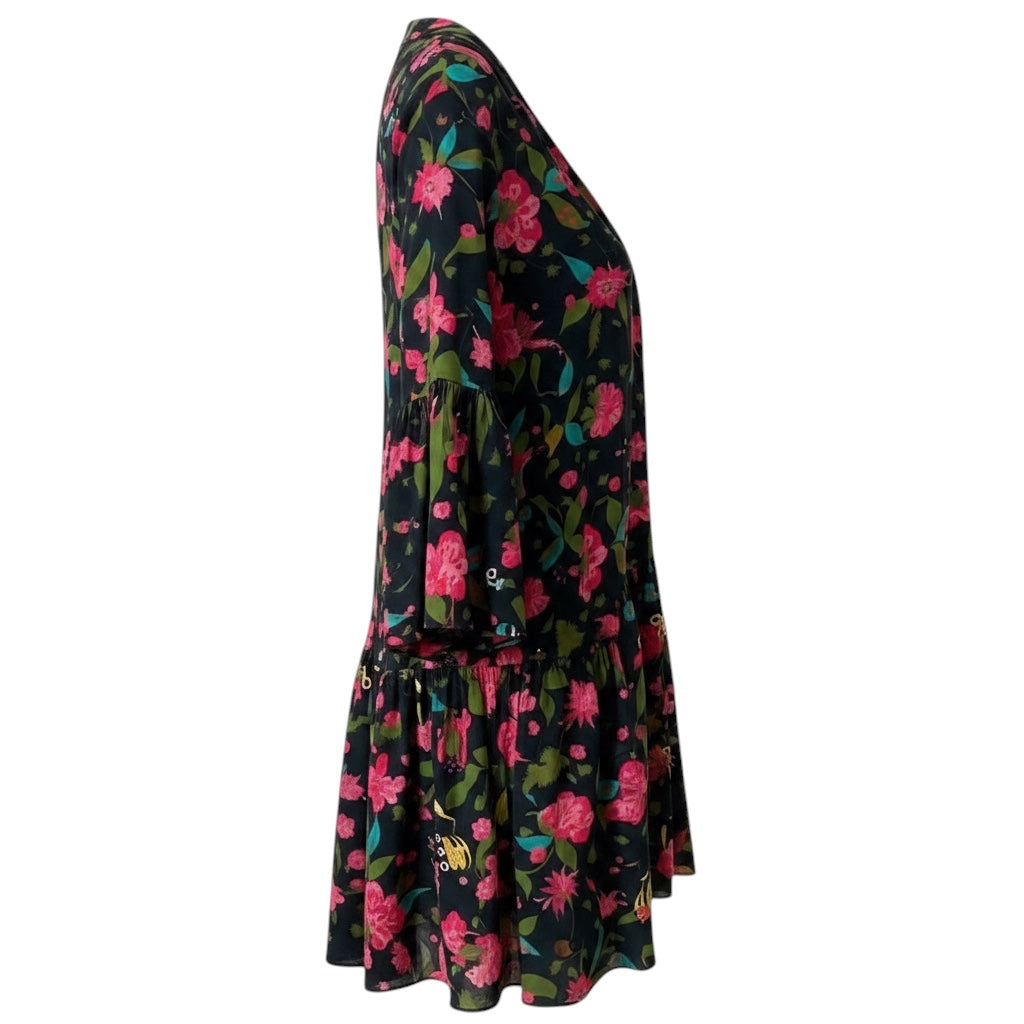 Figue Black / Pink Multi Floral Printed Silk Wrap Dress
