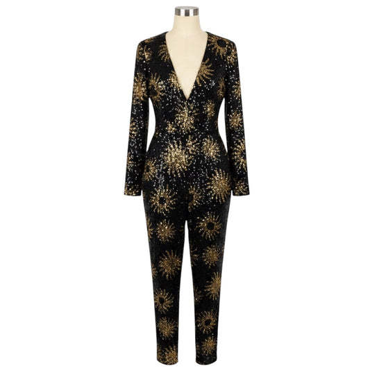 Farm Rio Black Sunny Mood Sequin V Neckline Jumpsuit