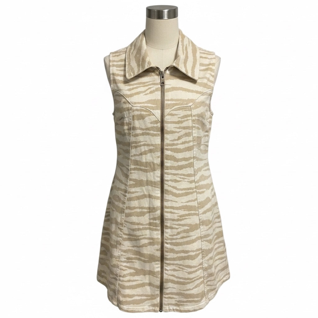 Ganni Pale Khaki Zebra Print Organic Cotton Denim Mini Dress