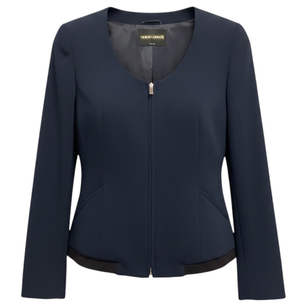 Giorgio Armani Navy Blue Zip Front Crepe Jacket