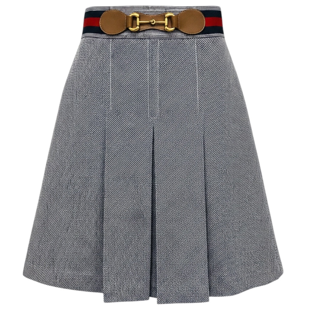 Gucci Navy Blue / White / Gold Horsebit Box Pleated Knee Length Skirt with Web Stripe Detail