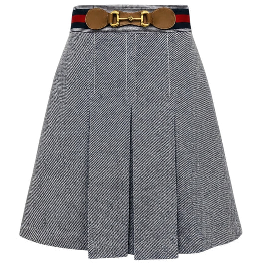Gucci Navy Blue / White / Gold Horsebit Box Pleated Knee Length Skirt with Web Stripe Detail