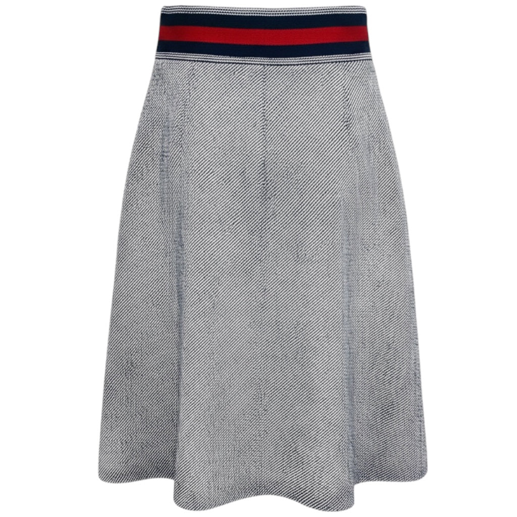 Gucci Navy Blue / White / Gold Horsebit Box Pleated Knee Length Skirt with Web Stripe Detail