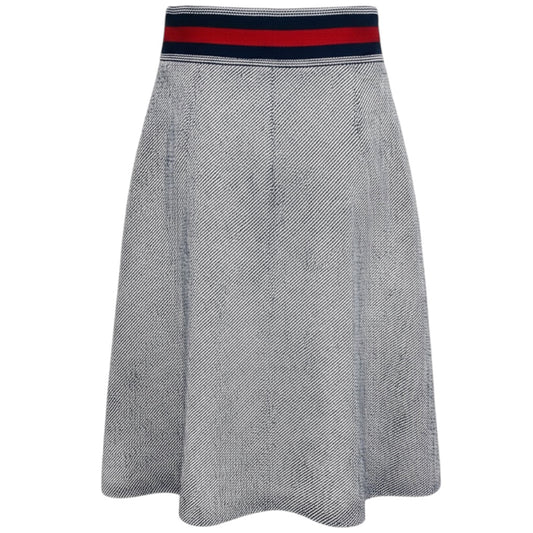 Gucci Navy Blue / White / Gold Horsebit Box Pleated Knee Length Skirt with Web Stripe Detail