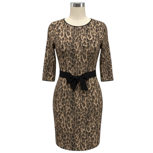 Giambattista Valli Tan / Brown / Black Bow Detail Leopard Print Wool and Cashmere Knit Midi Dress