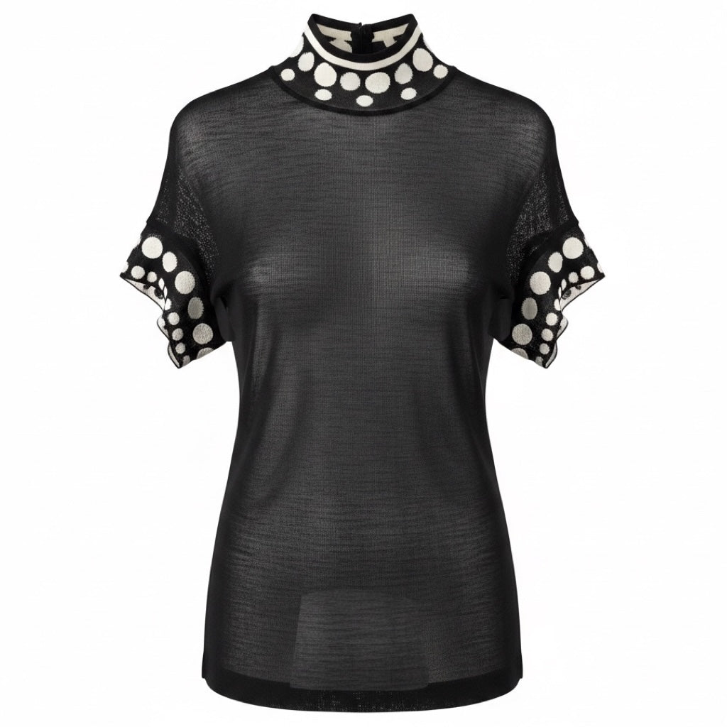 Gianni Versace RARE Vintage Black / White Polka Dot Patterned Short Sleeved Sheer Knit Top