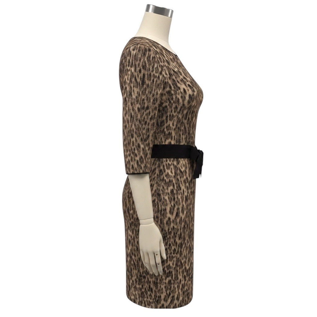 Giambattista Valli Tan / Brown / Black Bow Detail Leopard Print Wool and Cashmere Knit Midi Dress