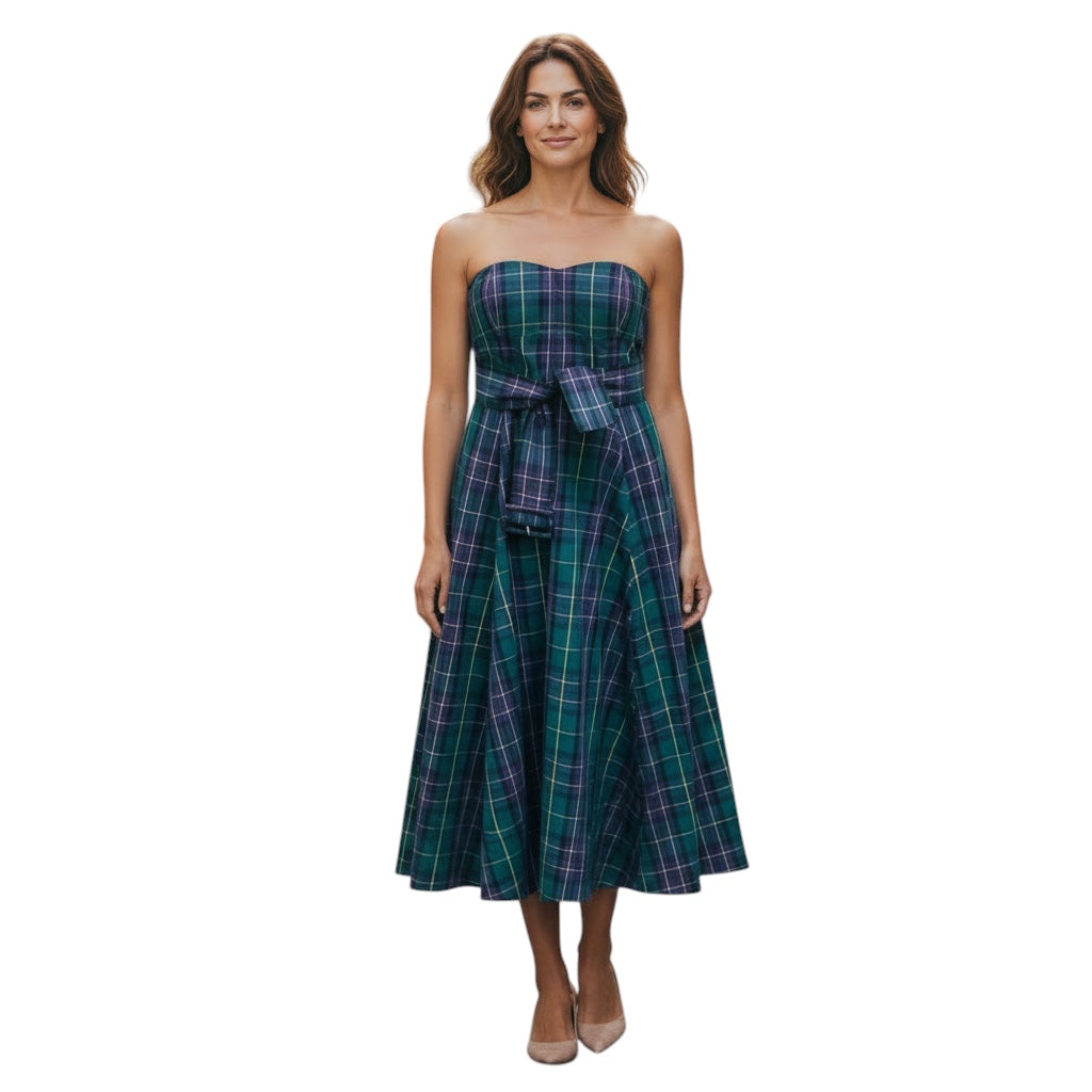 Hunter Bell Green / Blue Multi Tartan Print Strapless Midi Dress with Belt