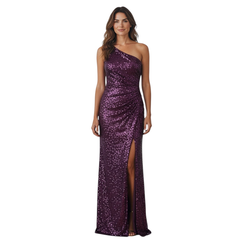 Halston Acai Purple Sequined One Shoulder Adriana Gown