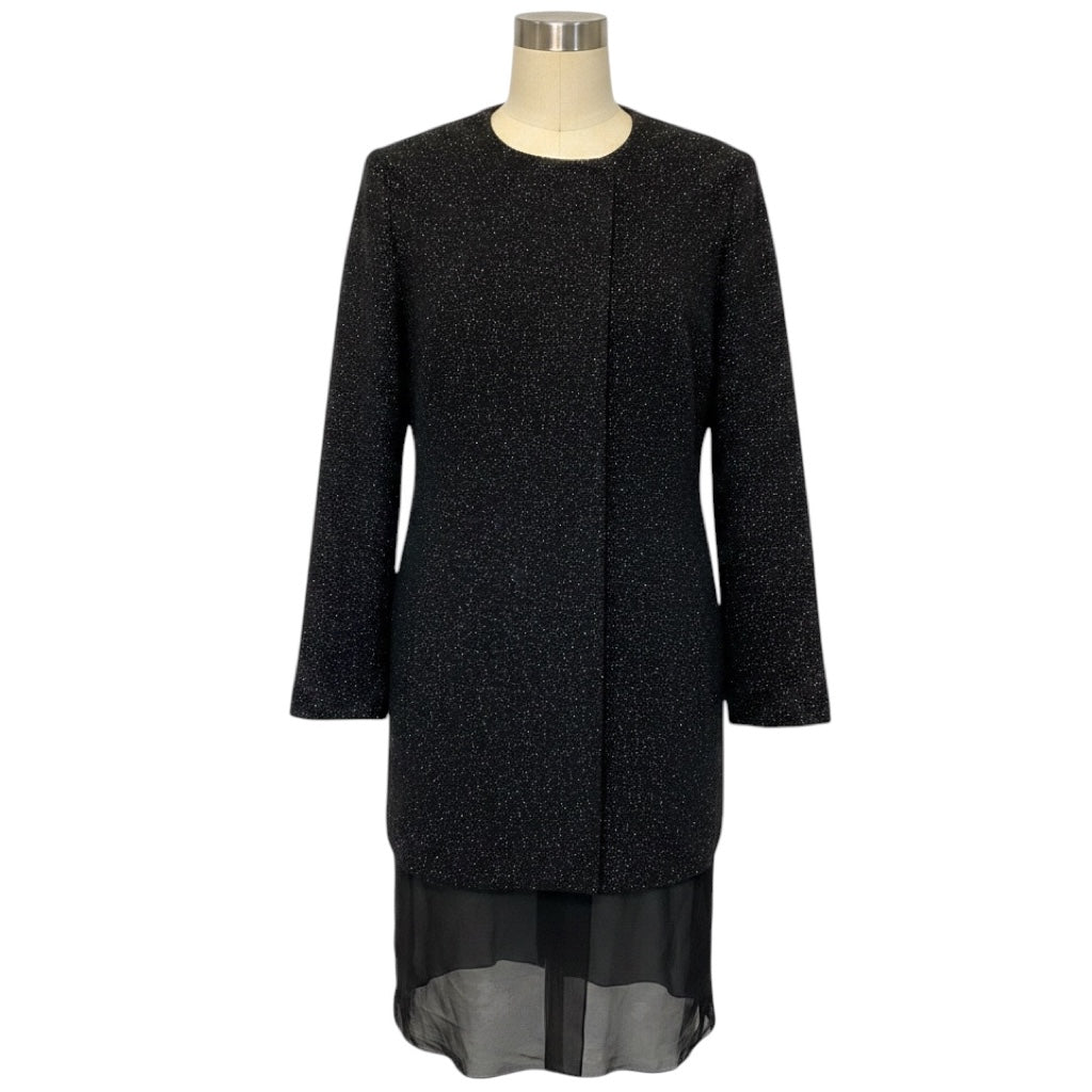 Jil Sander Black Multi Speckled Wool Coat with Sheer Silk Chiffon Hem