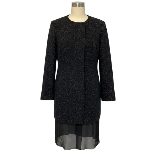 Jil Sander Black Multi Speckled Wool Coat with Sheer Silk Chiffon Hem