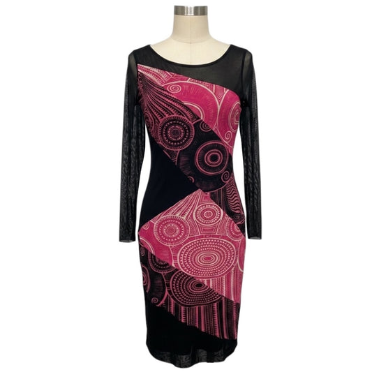 Jean Paul Gaultier Soleil Black / Pink Printed Long Sleeved Mesh Tulle Midi Dress