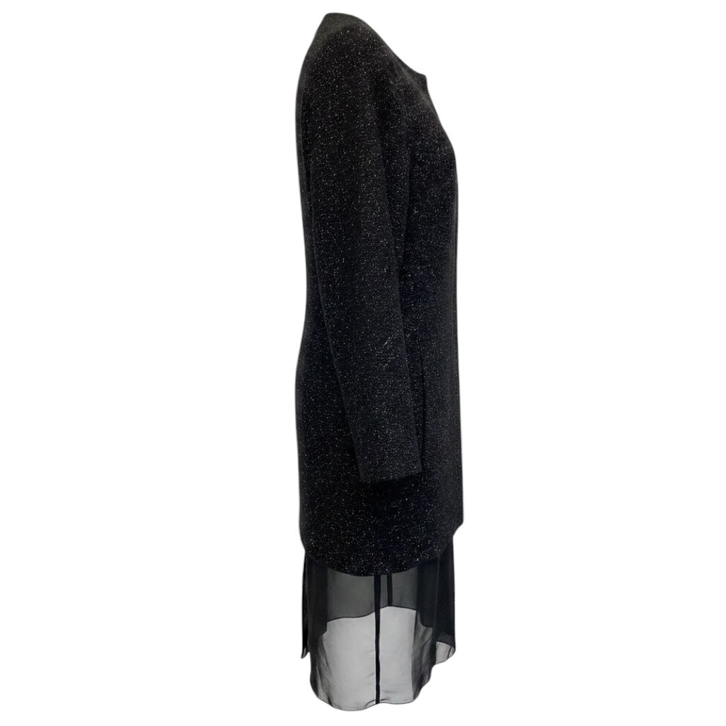 Jil Sander Black Multi Speckled Wool Coat with Sheer Silk Chiffon Hem