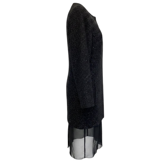 Jil Sander Black Multi Speckled Wool Coat with Sheer Silk Chiffon Hem