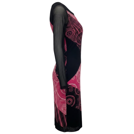 Jean Paul Gaultier Soleil Black / Pink Printed Long Sleeved Mesh Tulle Midi Dress