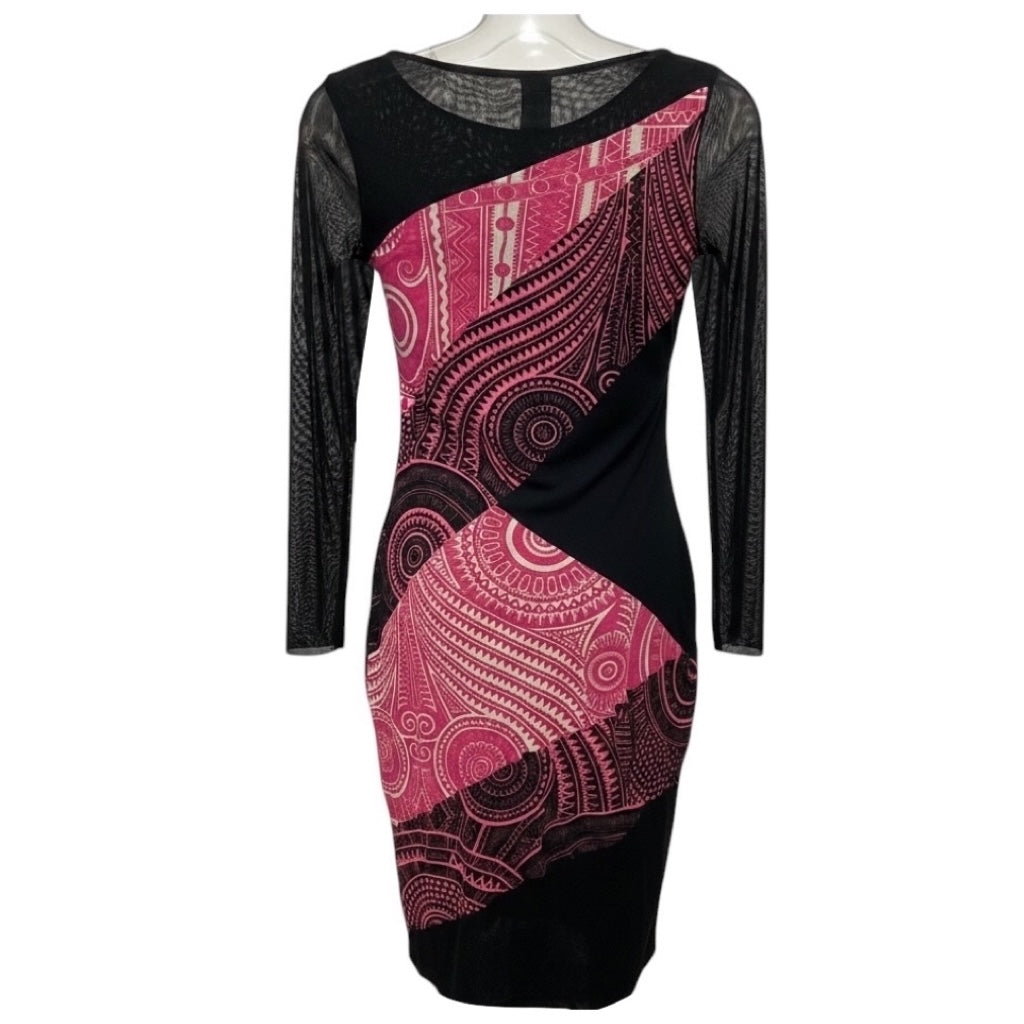Jean Paul Gaultier Soleil Black / Pink Printed Long Sleeved Mesh Tulle Midi Dress
