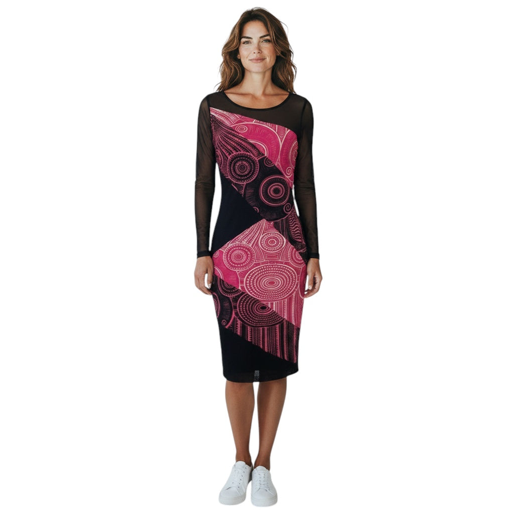 Jean Paul Gaultier Soleil Black / Pink Printed Long Sleeved Mesh Tulle Midi Dress