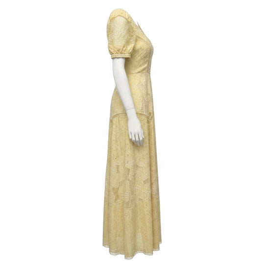 LoveShackFancy Pale Yellow Short Sleeved Lace and Eyelet Maxi Dress