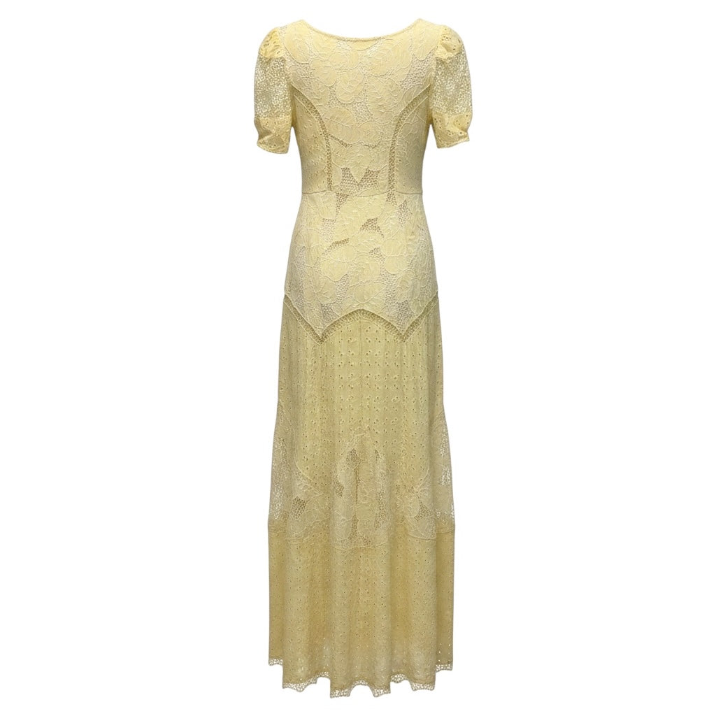 LoveShackFancy Pale Yellow Short Sleeved Lace and Eyelet Maxi Dress
