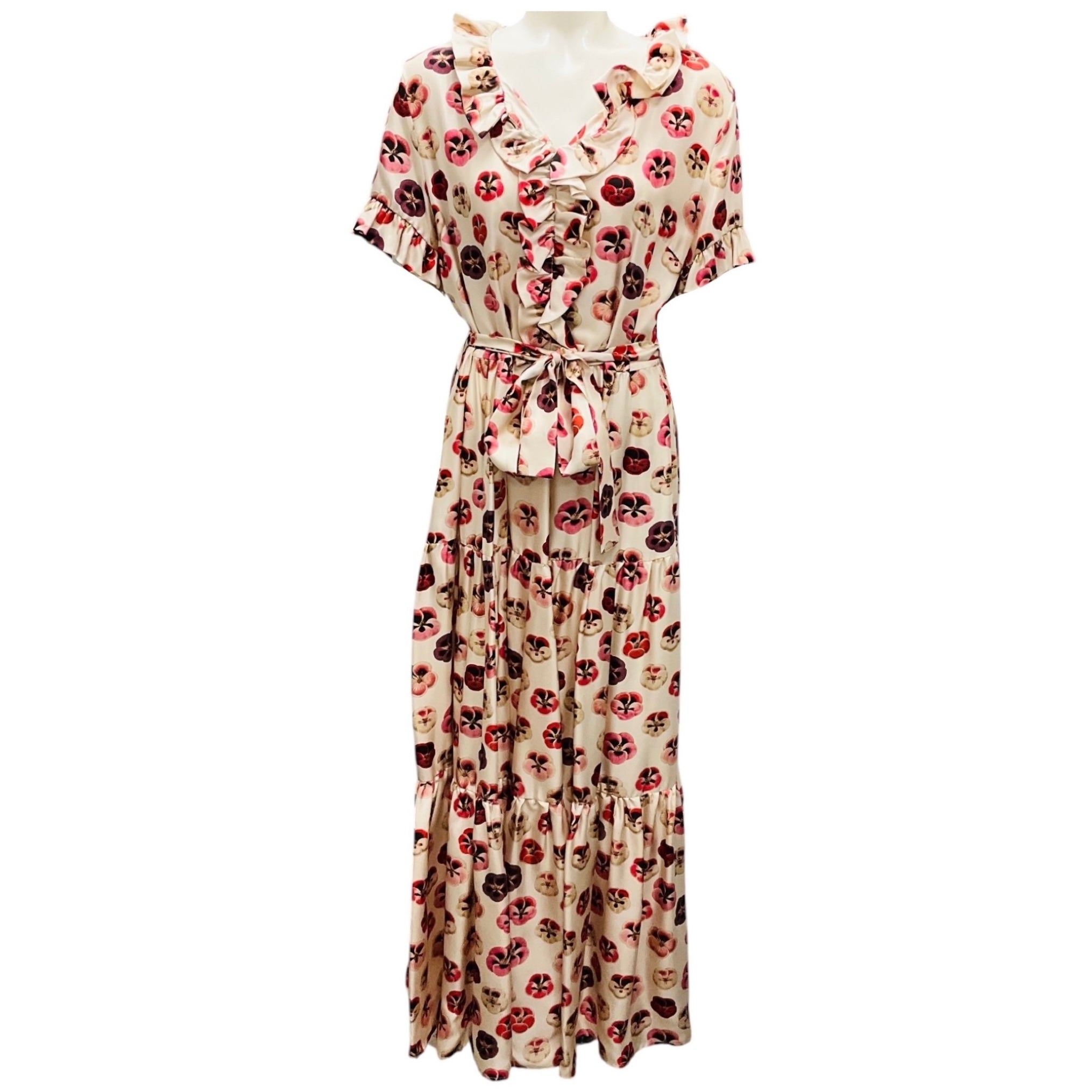 La DoubleJ Ivory Multi Micro Pansy Print Silk Twill Long and Sassy Dress